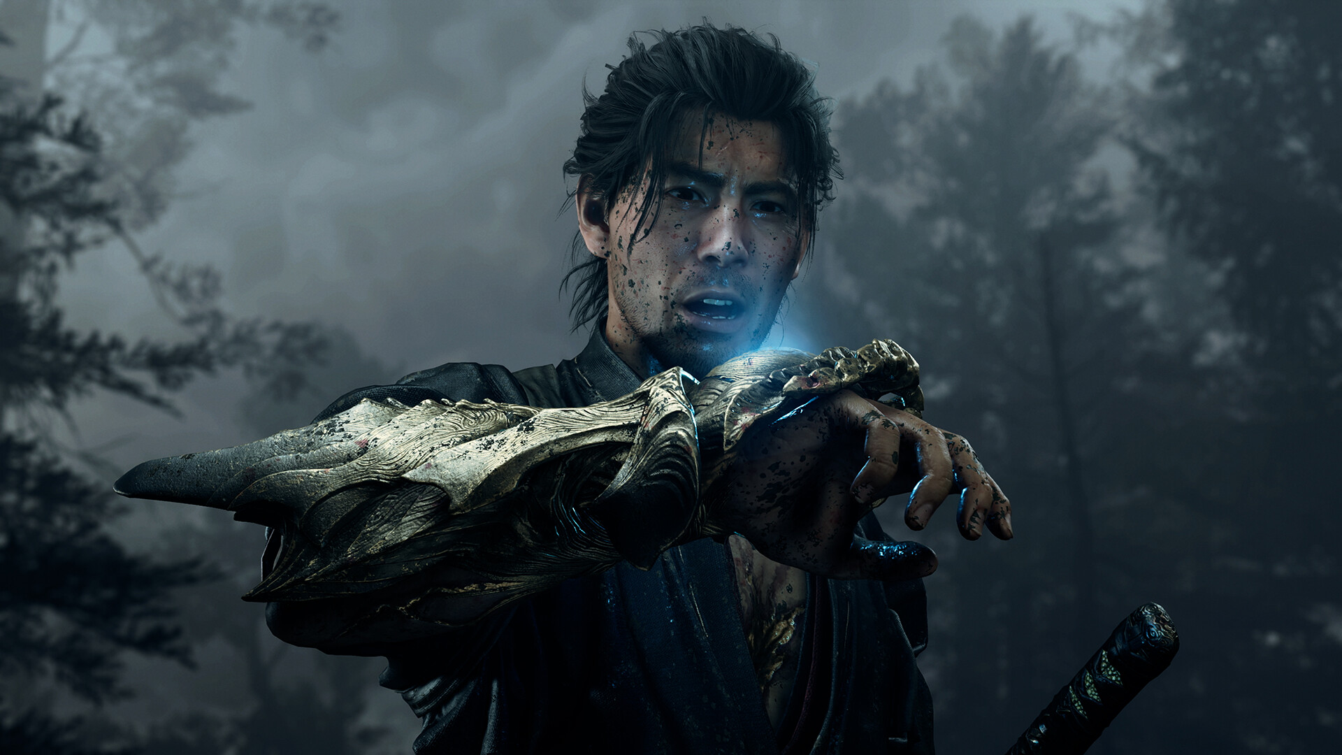 Miyamoto Musashi wielding the Oni Gauntlet in Onimusha: Way of the Sword